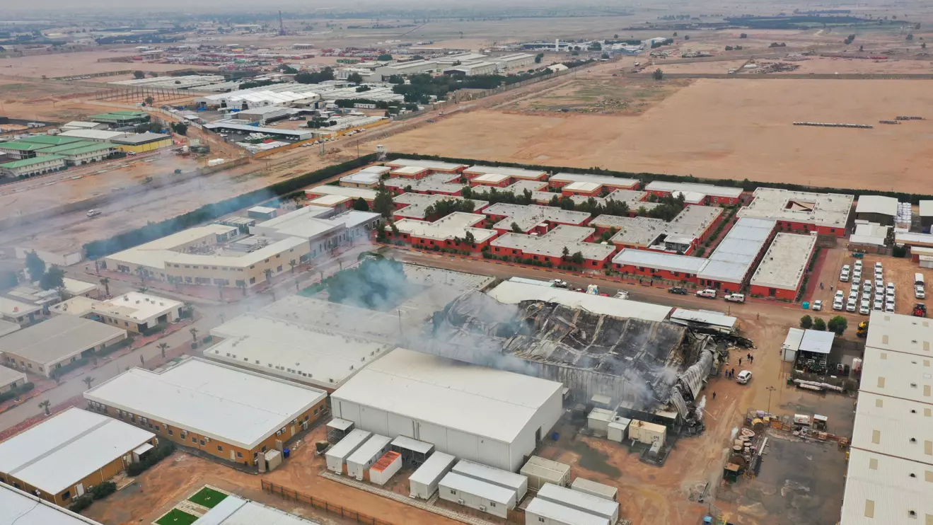 A drone view shows damage at storage facilities belonging to foreign oil companies, after what security sources said was a drone strike west of Basra, Iraq, April 4, 2026. Reuters/Essam al-Sudani