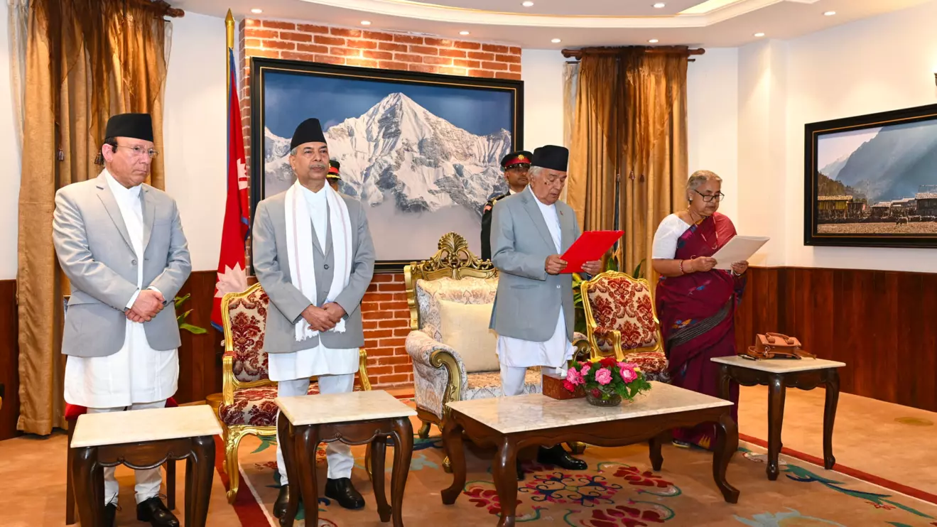 Nepal’s President Ramchandra Paudel administers the oath of office to Sushila Karki, a former Chief Justice, as Nepal’s interim prime minister during a swearing-in ceremony, following violent anti-graft protests, at the president's office in Kathmandu, Nepal, September 12, 2025. Nepal's President Office