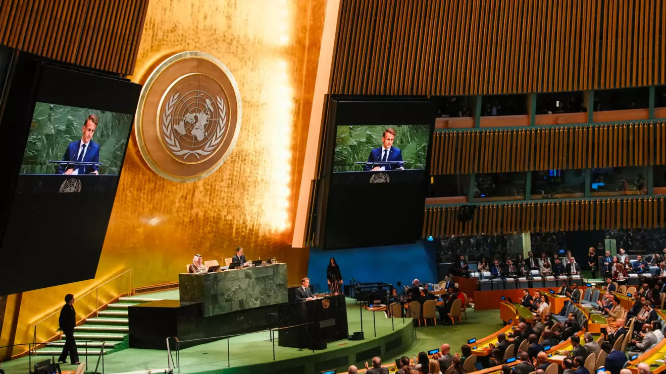 French President Emmanuel Macron addresses delegates during a high-level meeting of heads of state on a two-state solution between Israel and the Palestinians at United Nations headquarters in New York City, U.S., September 22, 2025. Reuters/Eduardo Munoz