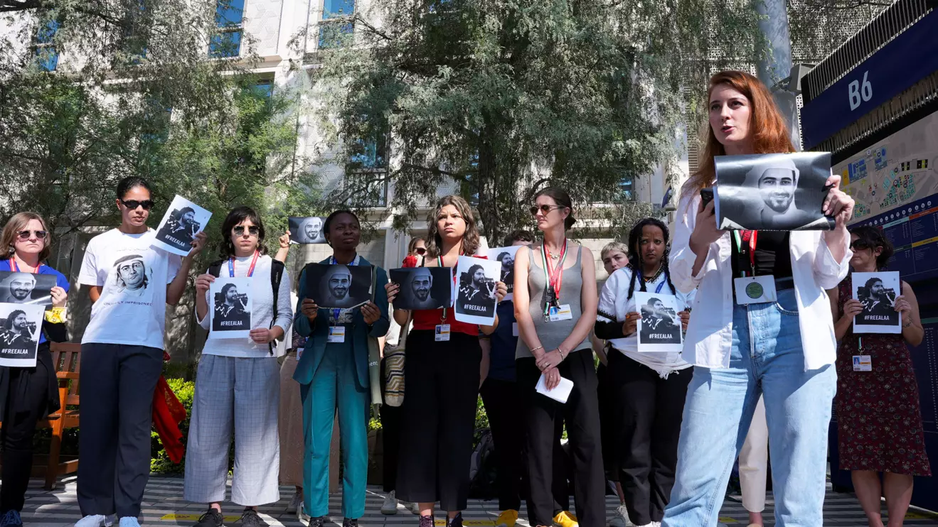 Human rights advocates protest in solidarity with political prisoners in Egypt and United Arab Emirates on the sidelines of the United Nations Climate Change Conference COP28 in Dubai, United Arab Emirates, December 9, 2023. Reuters/Stringer