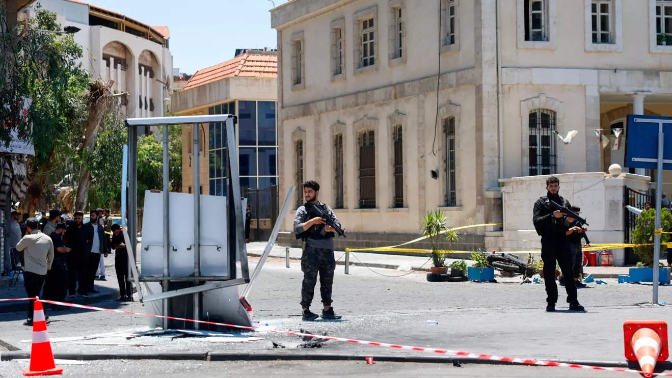 A cordoned-off area and a damaged structure in the aftermath of explosions near a hotel where French President Emmanuel Macron was meant to be staying, in Damascus, Syria, July 7, 2026. Reuters/Yamam Al Shaar