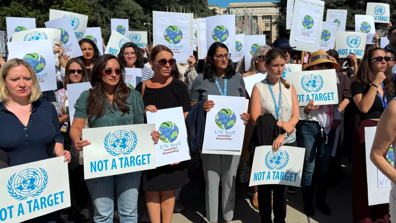 Staff of the United Nations agencies gather to denounce their colleagues killed in Gaza since October 2023 outside the European headquarters in Geneva, Switzerland, September 18, 2025. Reuters/Cecile Mantovani