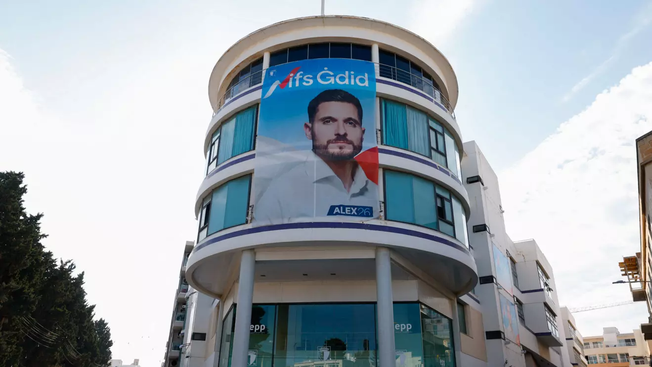 A banner showing opposition and Nationalist Party leader Alex Borg hangs on the facade of the party's headquarters ahead of general elections, in Pieta, Malta May 29, 2026. Reuters/Darrin Zammit Lupi