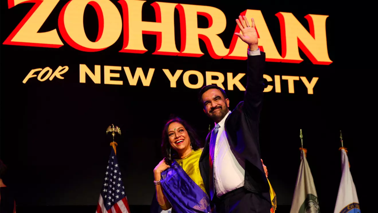 Democratic candidate for New York City mayor Zohran Mamdani waves next to his mother Mira Nair onstage after winning the 2025 New York City Mayoral race, at an election night rally in the Brooklyn borough of New York City, New York, U.S., November 4, 2025. Reuters/Shannon Stapleton