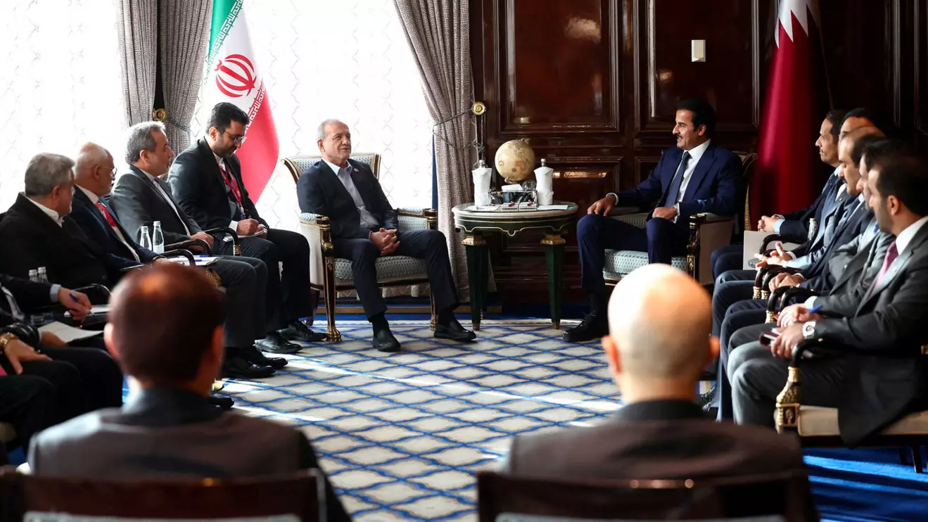 Iranian President Masoud Pezeshkian meets with Qatar's Emir Sheikh Tamim bin Hamad Al Thani in Moscow, Russia, October 27, 2026. Iran's Presidential website/WANA (West Asia News Agency)/Handout via Reuters