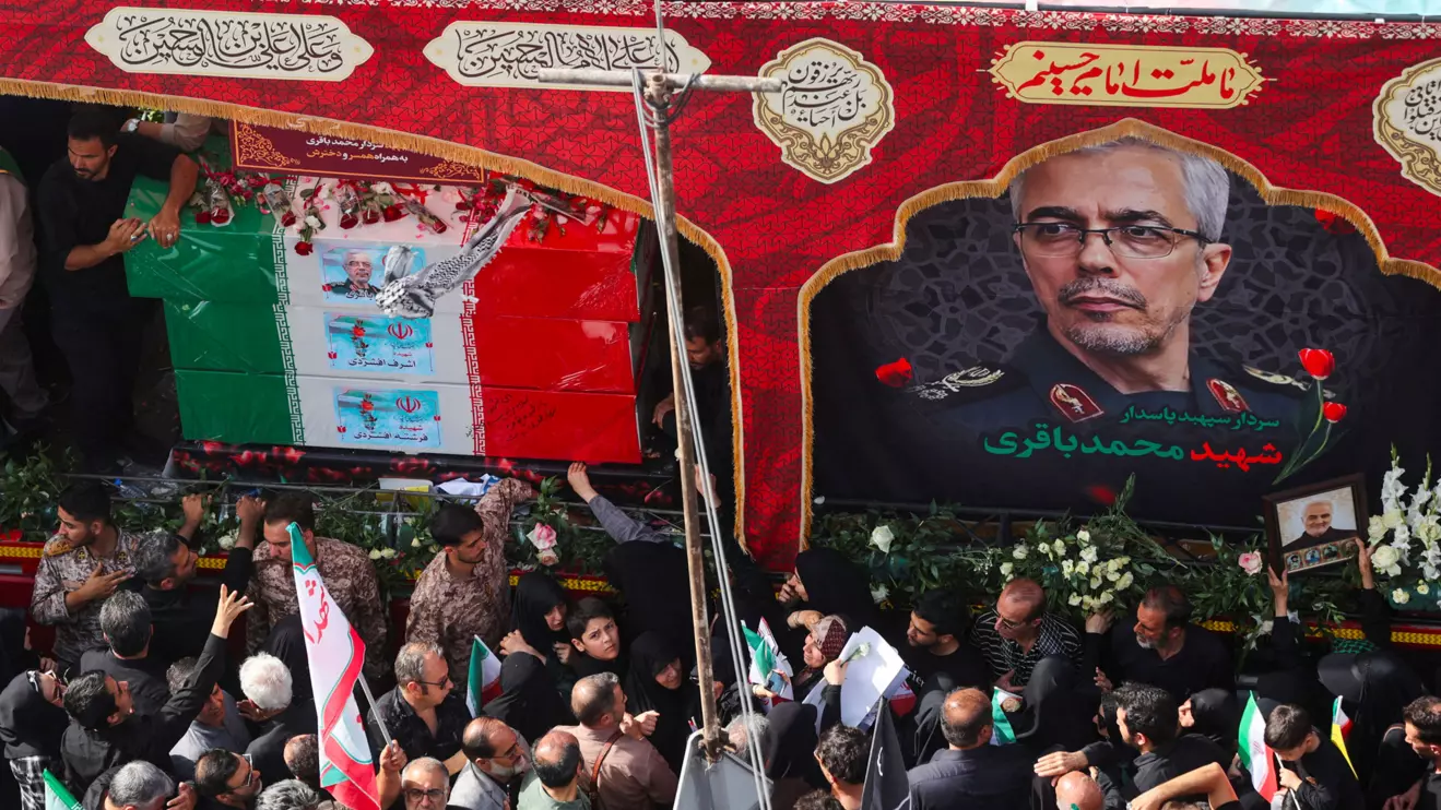 People attend the funeral procession of Iranian military commanders, nuclear scientists and others killed in Israeli strikes, in Tehran, Iran, June 28, 2025. Majid Asgaripour/WANA (West Asia News Agency) via Reuters