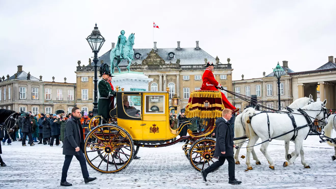 Denmark's Queen Margrethe is escorted by the Gardehusar Regiment's Horseskort in the gold carriage from Christian IX's Palace, Amalienborg to Christiansborg Palace in Copenhagen for the New Year's reception, in Denmark January 4, 2024. Ritzau Scanpix/Emil Nicolai Helms via Reuters