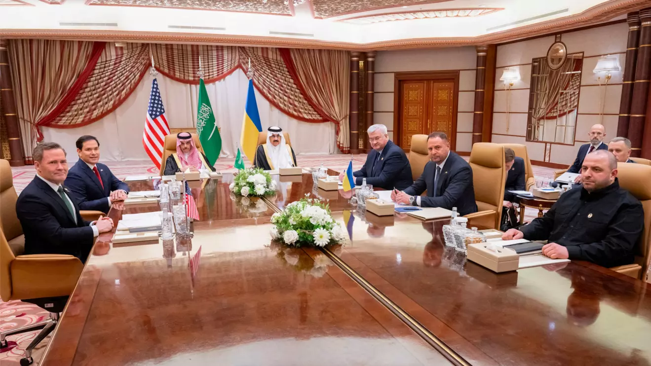 U.S Secretary of State Marco Rubio, U.S National Security Advisor Mike Waltz, Ukrainian Foreign Minister Andrii Sybiha, Ukrainian Head of Presidential Office Andriy Yermak, and Ukrainian Minister of Defense Rustem Umerov hold a meeting in the presence of Saudi Foreign Minister Faisal bin Farhan and National Security Advisor Mosaad bin Mohammad Al-Aiban, in Jeddah, Saudi Arabia, March 11, 2025. Saul Loeb/Reuters 