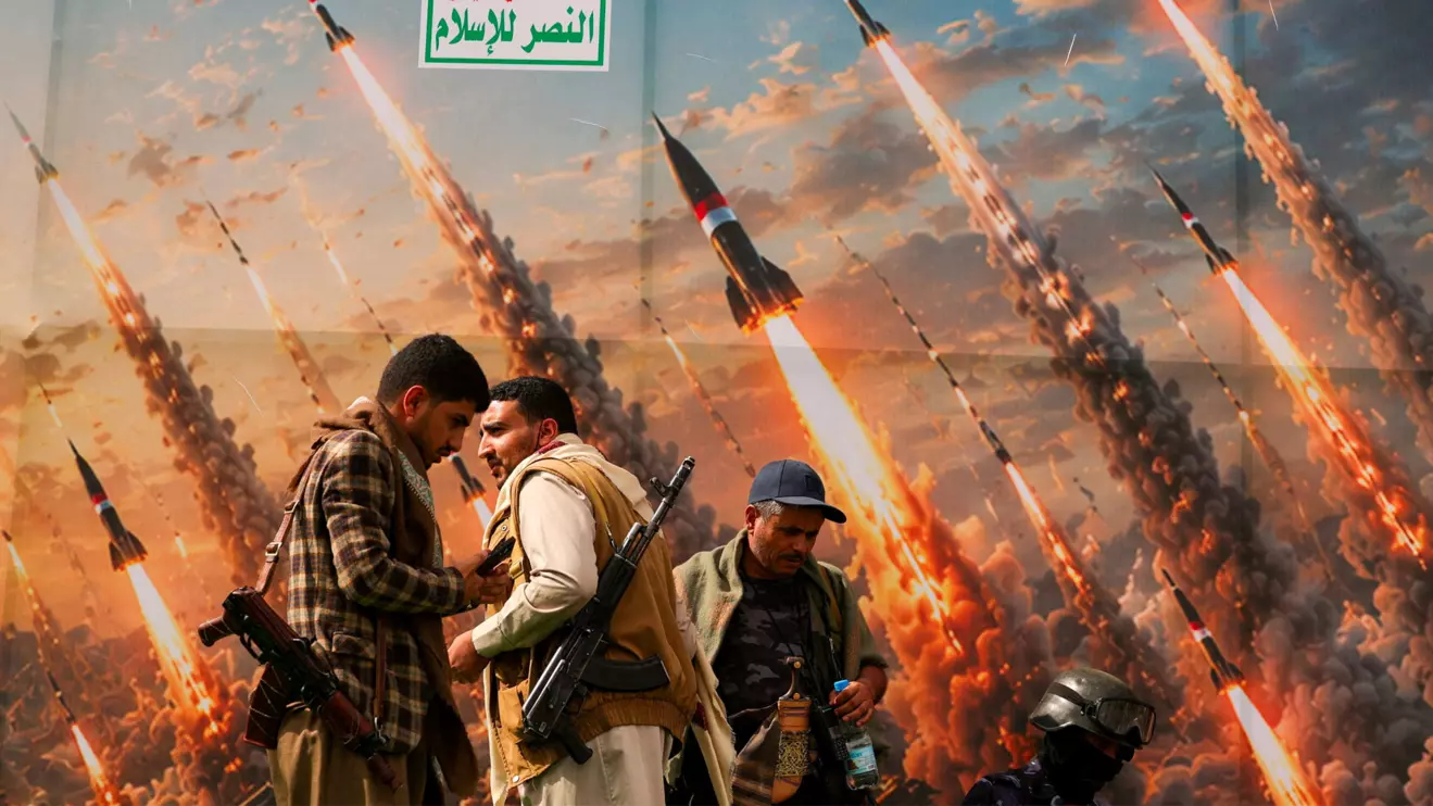 Houthi activists stand on a platform against a banner depicting Houthi missiles, at an anti-Saudi rally amid an escalation with the kingdom, in Sanaa, Yemen, July 31, 2026. Reuters/Khaled Abdullah