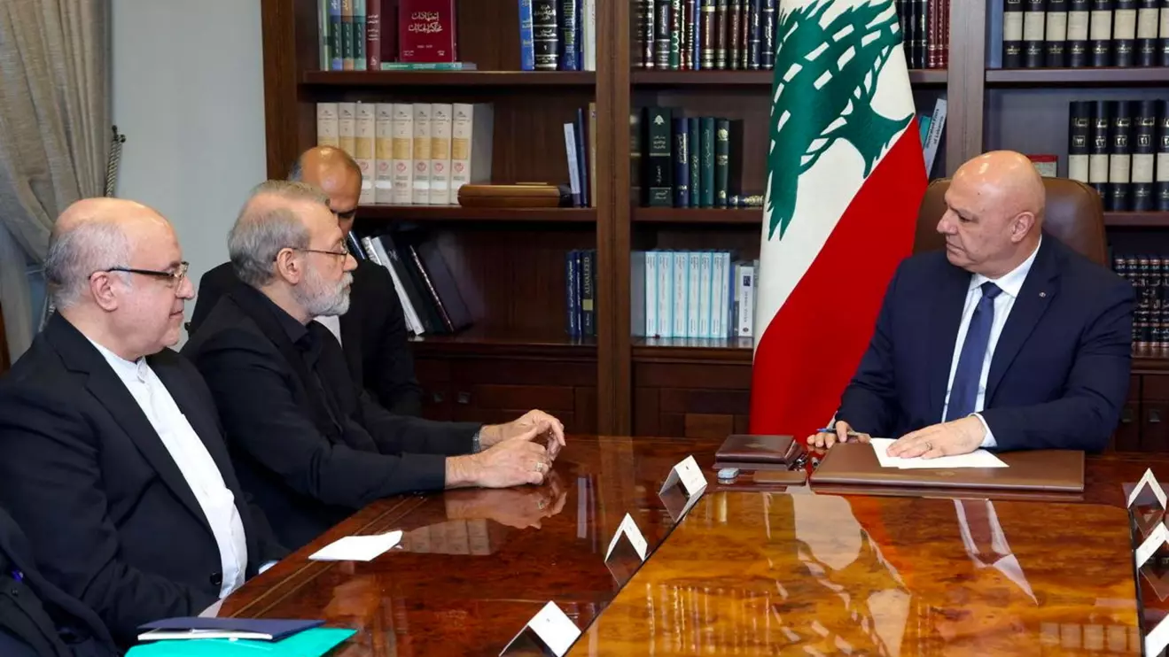 Iran's Supreme National Security Council Secretary Ali Larijani meets with Lebanese President Joseph Aoun at the presidential palace in Baabda, Lebanon, in this handout image released on August 13, 2025. Lebanese Presidency Press Office/Handout via Reuters