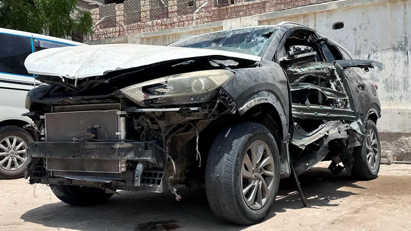 Car of Mohammed Aydah, a Yemeni journalist at the Saudi-owned television network al-Arabiya, is pictured at the yard of a police station after an explosive device planted in the car detonated and killed him, in Mukalla, Yemen June 25, 2026. Reuters
