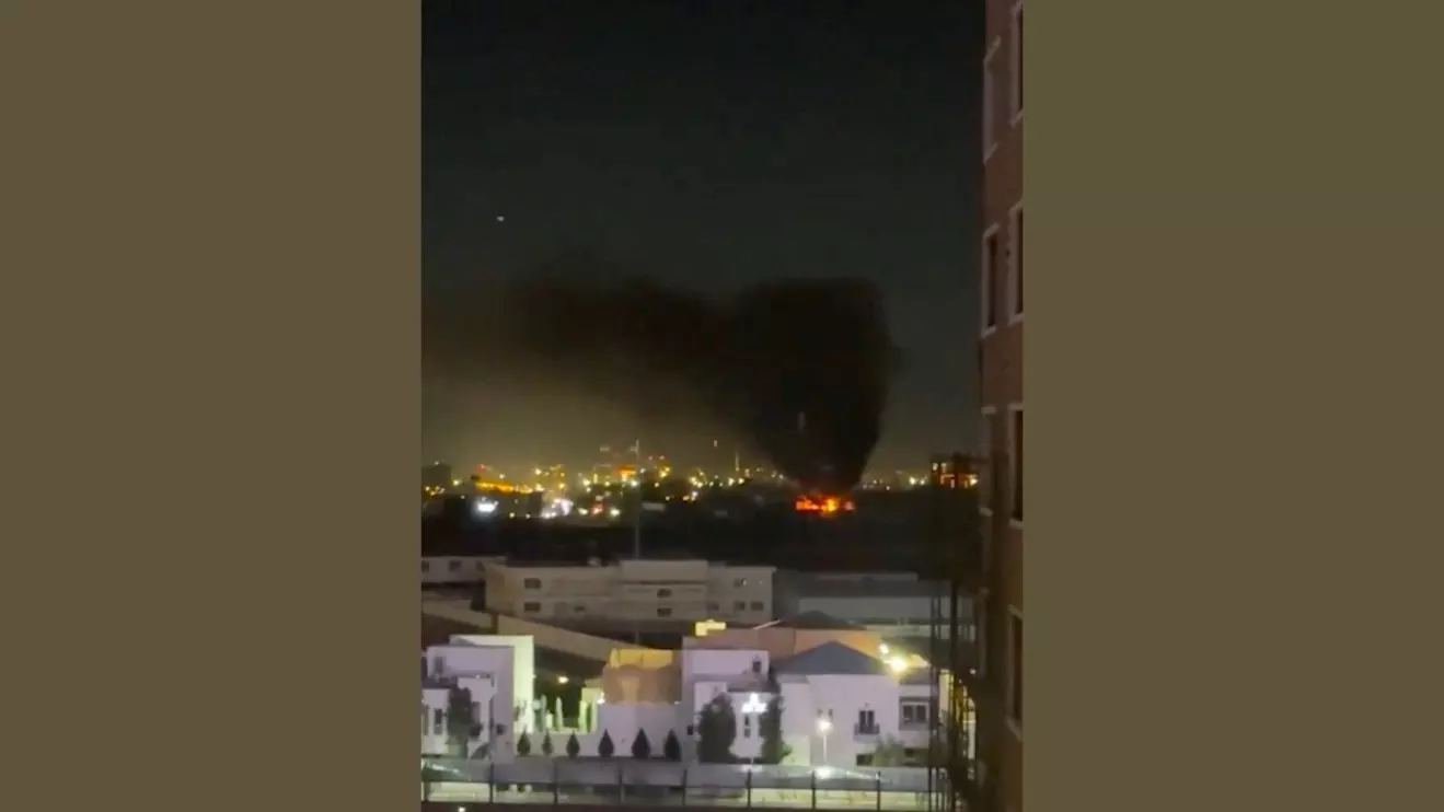 Smoke and flames rise following a drone attack on the UAE consulate in Erbil, Iraq in this screengrab obtained from social media March 9, 2026. SOCIAL MEDIA/via Reuters