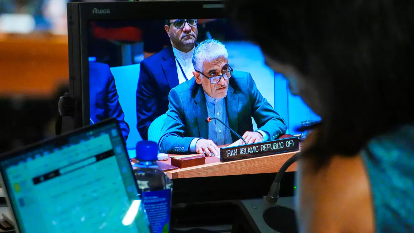Iran’s Ambassador to the United Nations, Amir-Saeid Iravani, is seen on a screen as he addresses members of the U.N. Security Council after a vote on a resolution that would permanently lift U.N. sanctions on Iran, at U.N. headquarters in New York City, U.S., September 19, 2025. Reuters/Eduardo Munoz