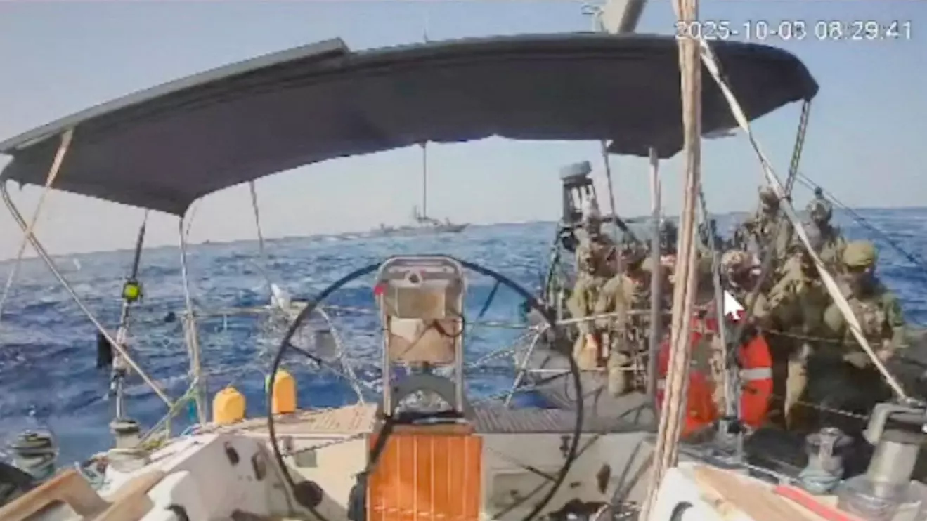 A screengrab from a live stream video shows Israeli navy forces approaching the vessel the Marinette, believed to be the only ship from the Global Sumud Flotilla still sailing towards Gaza, which flotilla organisers report has now been intercepted, October 3, 2025. Global Sumud Flotilla/Handout via Reuters