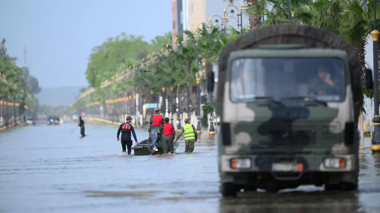 Royal Armed Forces and civil authorities work together to address flooding risks amid rising waters in the Loukkos River, in Ksar El Kebir, Morocco, January 31, 2026. Moroccan authorities