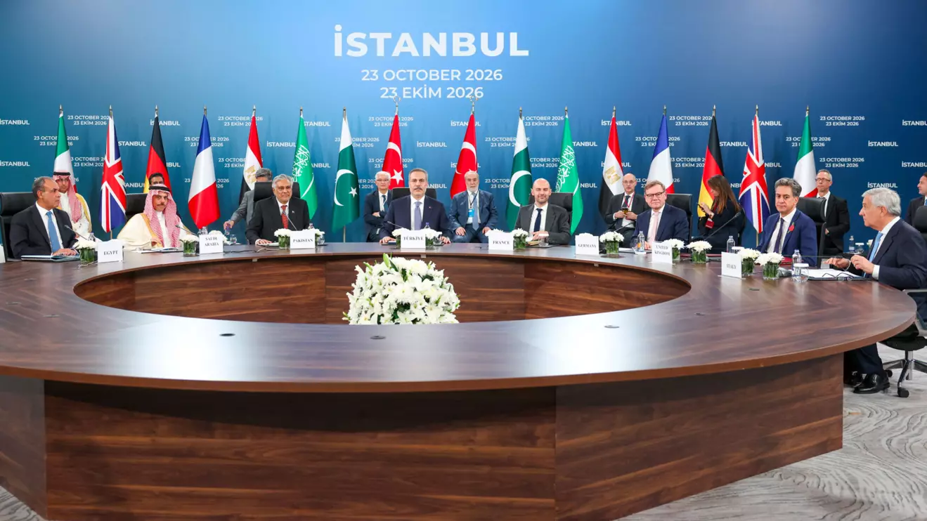 Turkish Foreign Minister Hakan Fidan, Egyptian Foreign Minister Badr Abdelatty, Pakistan's Deputy Prime Minister and Foreign Minister Mohammad Ishaq Dar, Saudi Arabia's Foreign Minister Prince Faisal bin Farhan Al Saud, French Minister for Europe and Foreign Affairs Jean-Noel Barrot, German Foreign Minister Johann Wadephul, British Foreign Secretary Ed Miliband and Italian Minister of Foreign Affairs International Cooperation Antonio Tajani attend a meeting in Istanbul, Turkey, October 23, 2026. Reuters/Murad Sezer