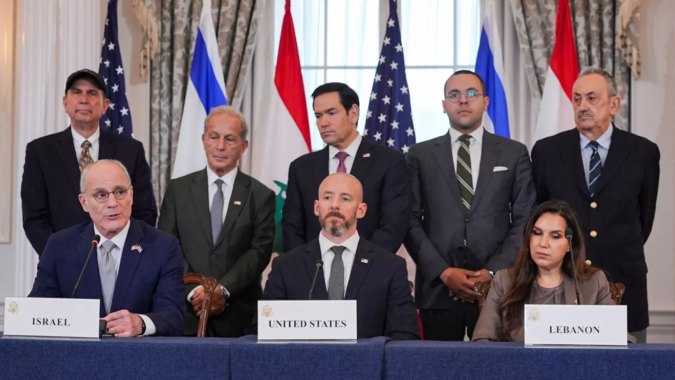 Israel's Ambassador to the U.S. Yechiel Leiter speaks next to U.S. Secretary of State Marco Rubio, State Department Counselor Daniel Holler, and Lebanon's Ambassador to the U.S. Nada Hamadeh during a meeting at the State Department in Washington, D.C., U.S., June 26, 2026. Reuters/Ken Cedeno