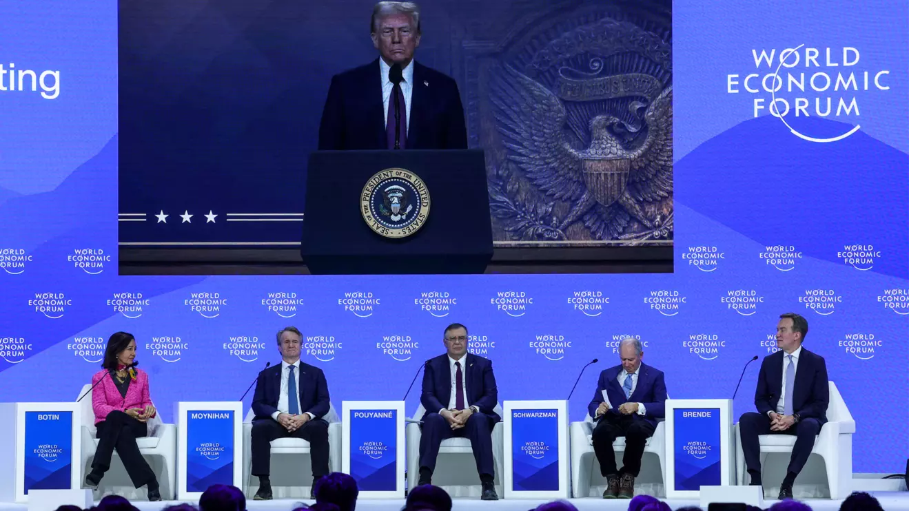 U.S. President Donald Trump makes a special address remotely as Ana Patricia Botin, chairwoman of the Spanish bank Santander, Brian Moynihan, CEO of Bank of America, Patrick Pouyanne, CEO of TotalEnergies, Stephen Schwarzman, CEO and Co-Founder of Blackstone Group and Borge Brende, President and CEO of World Economic Forum attend the 55th annual World Economic Forum (WEF) meeting in Davos, Switzerland, January 23, 2025. Reuters/Yves Herman