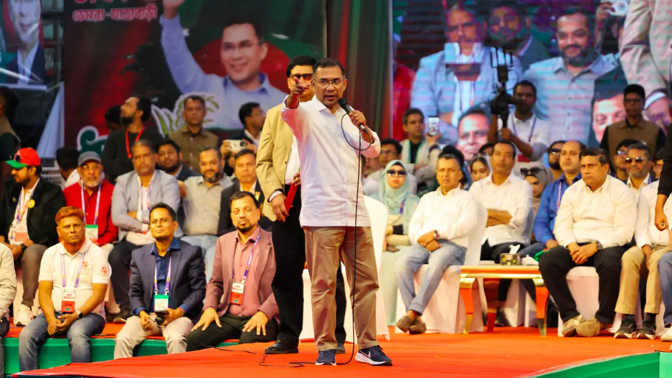 Bangladesh Nationalist Party (BNP) chairman Tarique Rahman waves to supporters during the final day of election campaign rally, ahead of the national election, in Jatrabari, Dhaka, Bangladesh, February 9, 2026. Reuters/Mohammad Ponir Hossain