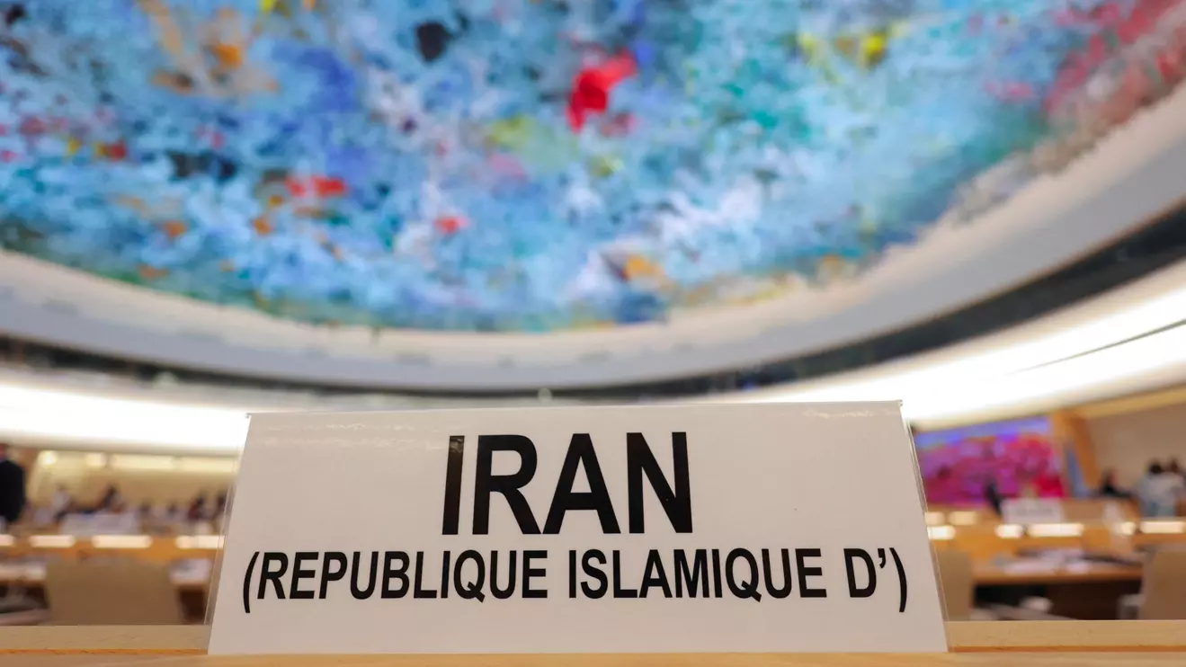 The sign at Iran's representative seat is placed in the room before a special session of the Human Rights Council at the United Nations in Geneva, Switzerland, June 20, 2025. Reuters/Denis Balibouse