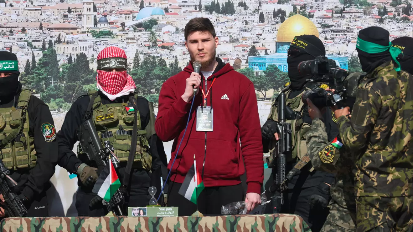 Russian-Israeli Sasha (Alexander) Troufanov, a hostage held in Gaza since the deadly October 7, 2023 attack, speaks as he is released by Palestinian Hamas and Islamic Jihad militants as part of a ceasefire and a hostages-prisoners swap deal between Hamas and Israel in Khan Younis, in the southern Gaza Strip, February 15, 2025. Reuters/Ramadan Abed