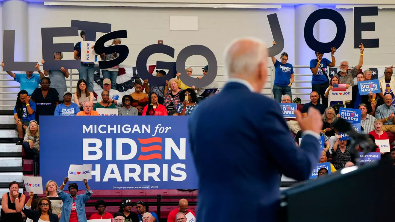 Supporters of U.S. President Joe Biden listen to him speak during a campaign event at Renaissance High School in Detroit, Michigan, U.S., July 12, 2024. Reuters/Elizabeth Frantz