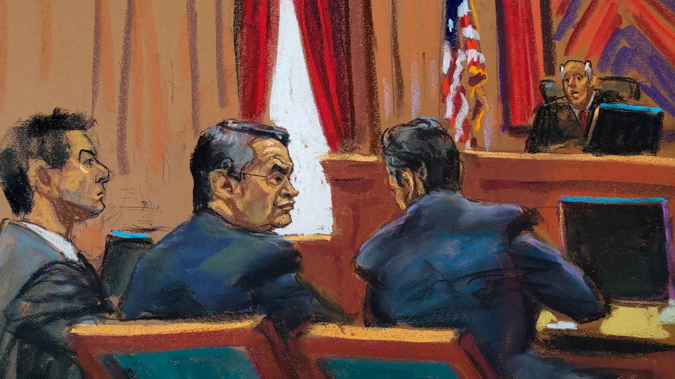 Former Honduras President Juan Orlando Hernandez sits with his lawyers in front of U.S. District Judge Kevin Castel as he appears on U.S. drug trafficking charges at the start of his trial in a courthouse in New York, February 20, 2024 in this courtroom sketch. Reuters/Jane Rosenberg