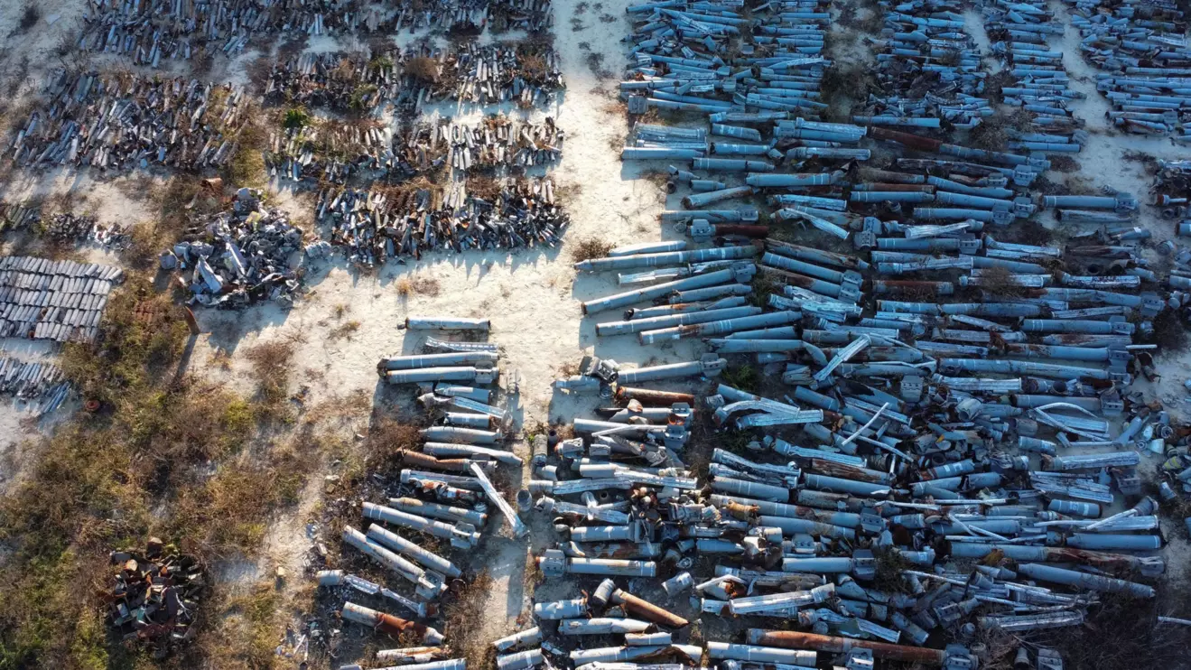 A view shows remains of MLRS and artillery shells, cruise and ballistic missiles used by Russian troops for military strikes on the city and collected by sappers in Kharkiv, Ukraine, November 29, 2022. Reuters/Vitalii Hnidyi