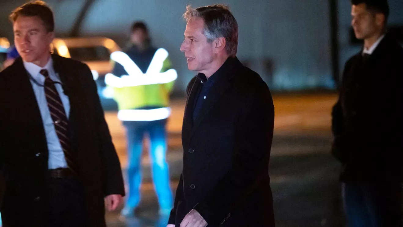 U.S. Secretary of State Antony Blinken disembarks from his airplane upon arrival at Brussels Airport in Brussels, Belgium, on November 27, 2023, as he travels to a NATO foreign ministers' meeting. SAUL LOEB/Pool via REUTERS