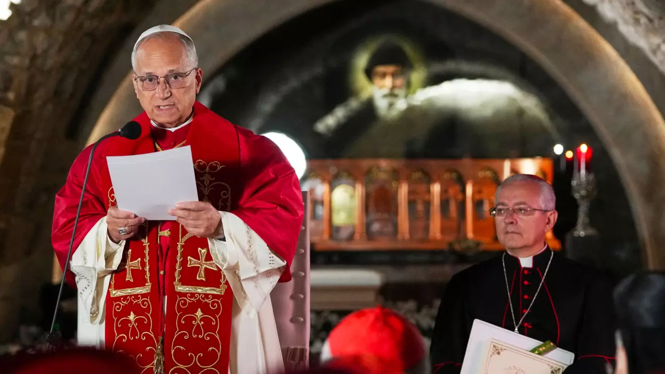 Pope Leo XIV delivers his speech in front of the tomb of Saint Charbel Makhlouf at the Monastery of Saint Maroun, in Annaya, Lebanon, Monday, Dec. 1, 2025. Domenico Stinellis/Reuters