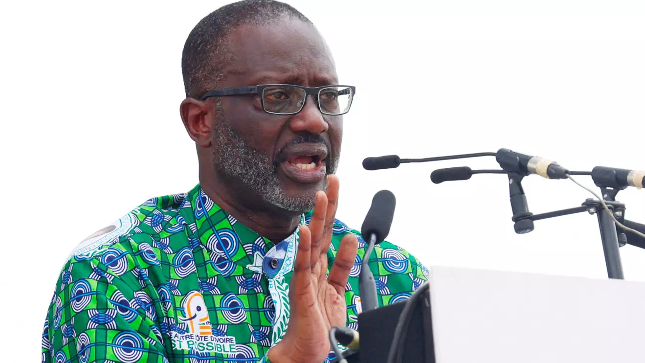 Tidjane Thiam, president of the PDCI (Democratic Party of Cote d'Ivoire), speaks during a meeting as the country prepares for the presidential election in Yopougon, Abidjan, Ivory Coast, February 15, 2025. Reuters/Luc Gnago