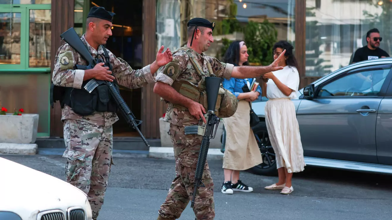 Lebanese army soldiers gesture as they secure the area near the U.S. embassy in Awkar, June 5, 2024. Reuters/Mohamed Azakir