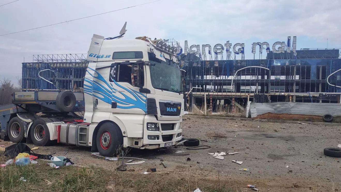 A view shows a truck and a building of a shopping mall damaged during Russian missile and drone strikes, amid Russia's attack on Ukraine, in Kharkiv, Ukraine April 6, 2024. ReutersVyacheslav Madiyevskyy