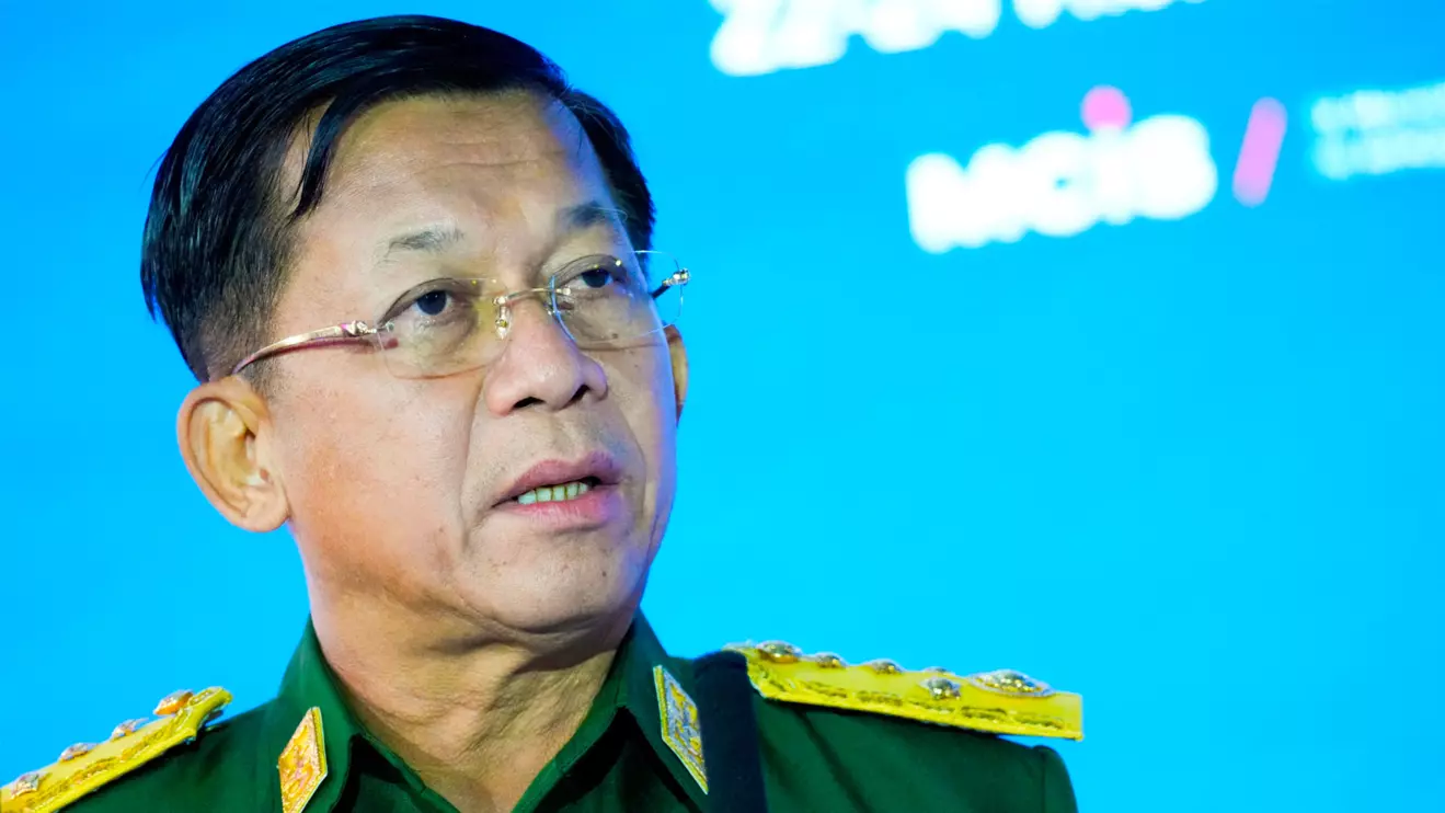 Commander-in-Chief of Myanmar's armed forces, Senior General Min Aung Hlaing delivers his speech at the IX Moscow conference on international security in Moscow, Russia June 23, 2021. Alexander Zemlianichenko/Reuters 