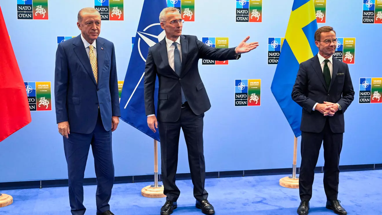 Turkish President Tayyip Erdogan, Swedish Prime Minister Ulf Kristersson and NATO Secretary-General Jens Stoltenberg gather prior to their meeting, on the eve of a NATO summit, in Vilnius, Lithuania July 10, 2023. Henrik Montgomery /TT News Agency/via Reuters