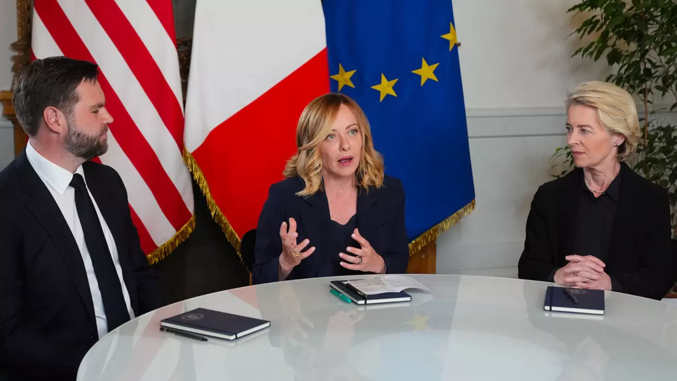 U.S. Vice President JD Vance meets with Italy's Prime Minister Giorgia Meloni, and European Commission President Ursula von der Leyen at the Chigi Palace in Rome, Italy, Sunday, May 18, 2025. Jacquelyn Martin/Reuters