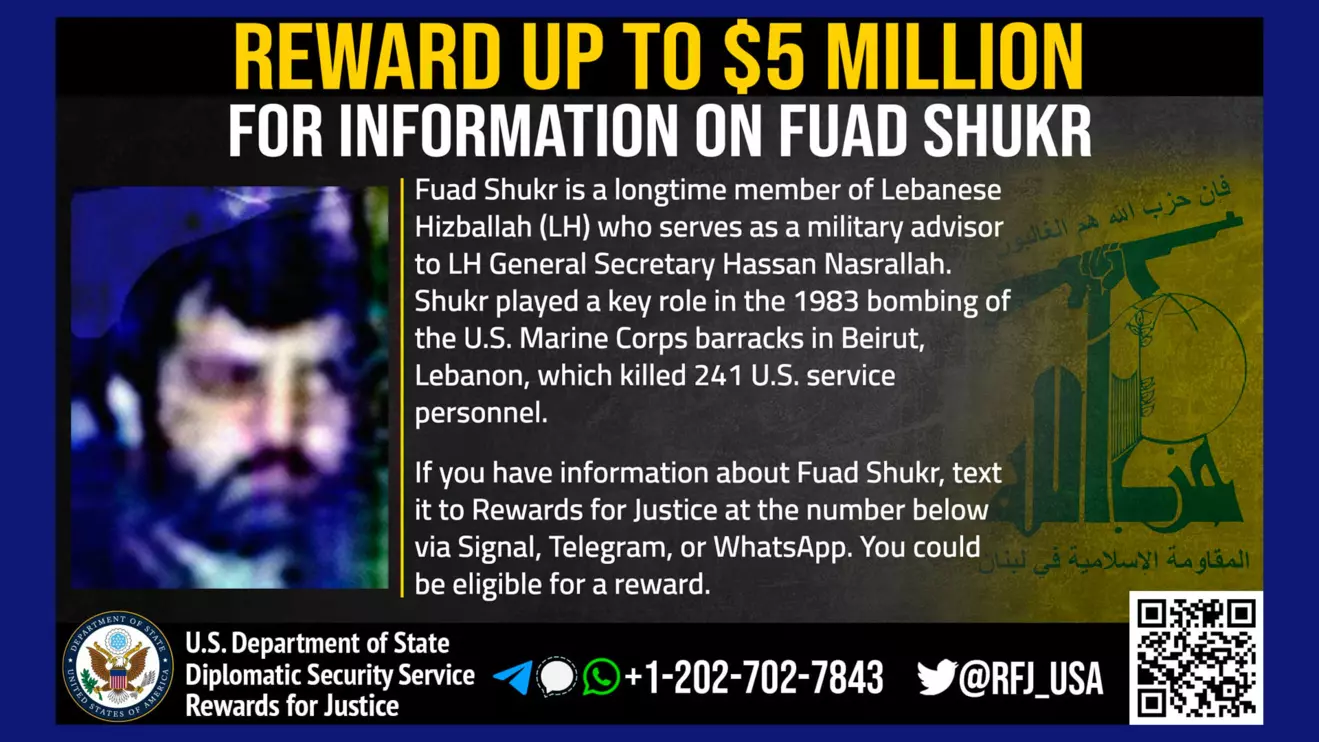 An undated photograph of Muhsin Shukr, also known as Fuad Shukr, and described by Lebanese security sources as head of Hezbollah's operations center, appears on a wanted poster circulated by the U.S. Department of State's Diplomatic Security Service entity "Rewards for Justice". Rewards for Justice (RFJ)/Handout via Reuters