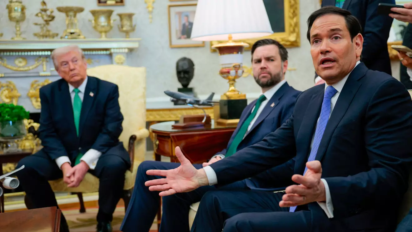 U.S. President Donald Trump, Vice President JD Vance and Secretary of State Marco Rubio take part in a meeting with Irish Taoiseach (Prime Minister) Micheal Martin at the White House in Washington, D.C., U.S., March 17, 2026. Reuters/Evan Vucci