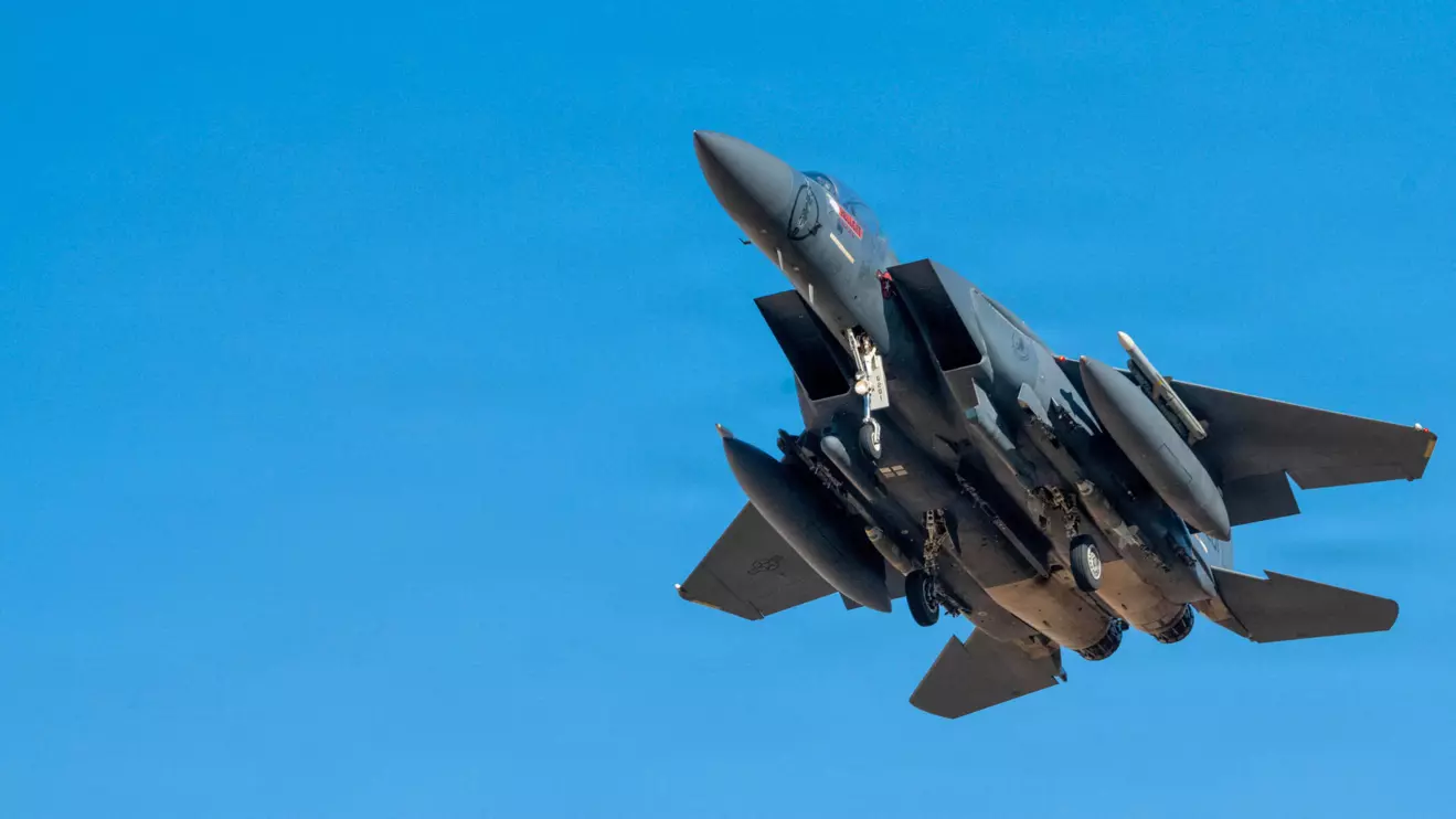 A U.S. Air Force F-15E Strike Eagle aircraft takes off for a mission supporting Operation Epic Fury during the Iran war at an undisclosed location, March 9, 2026. U.S. Air Force