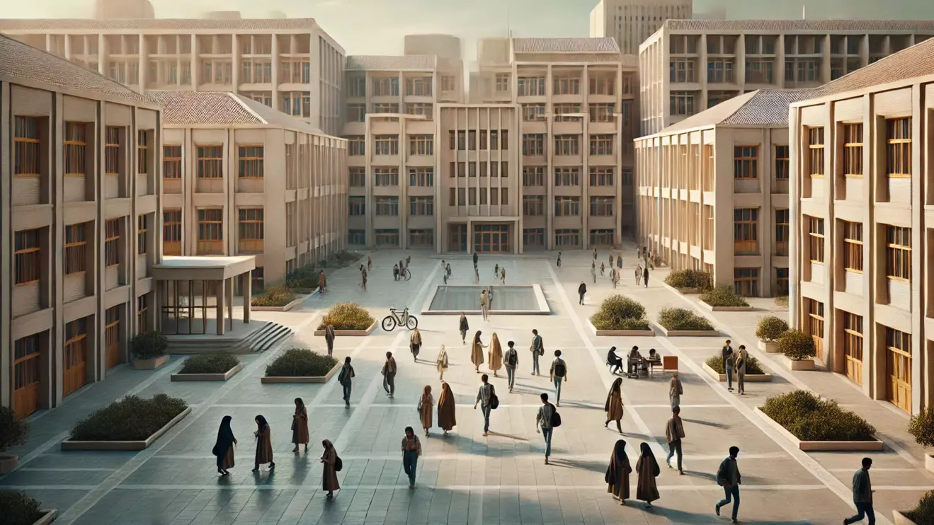 A video purportedly showed rows of marchers at Tehran's Sharif University of Technology condemning Supreme Leader Ayatollah Ali Khamenei © Mena Today/AI