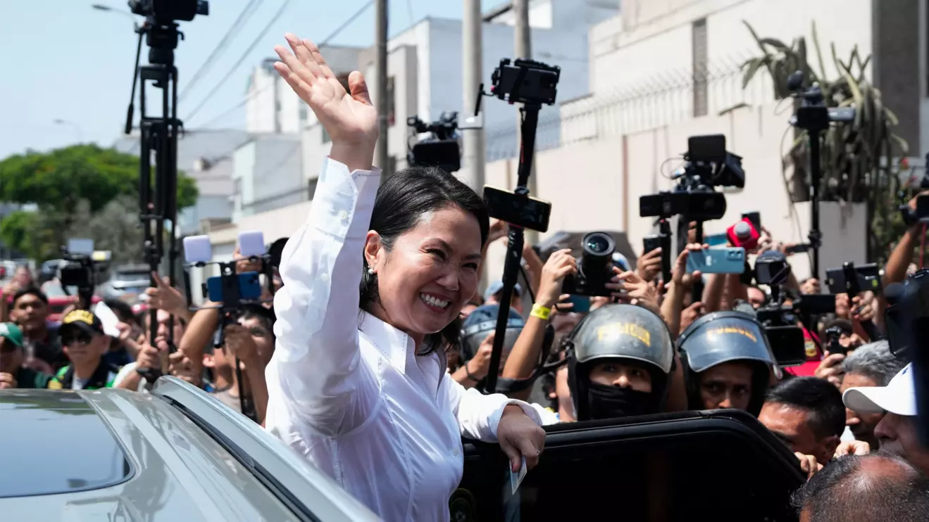 Peru’s presidential candidate Keiko Fujimori waves as she leaves after voting during the general election, in Lima, Peru April 12, 2026. Reuters/Angela Ponce