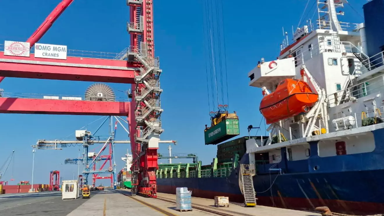 A container carrying with humanitarian aid for the people of Gaza, is loaded on a ship at Limassol port, Cyprus August 18, 2025. PIO/Handout via Reuters