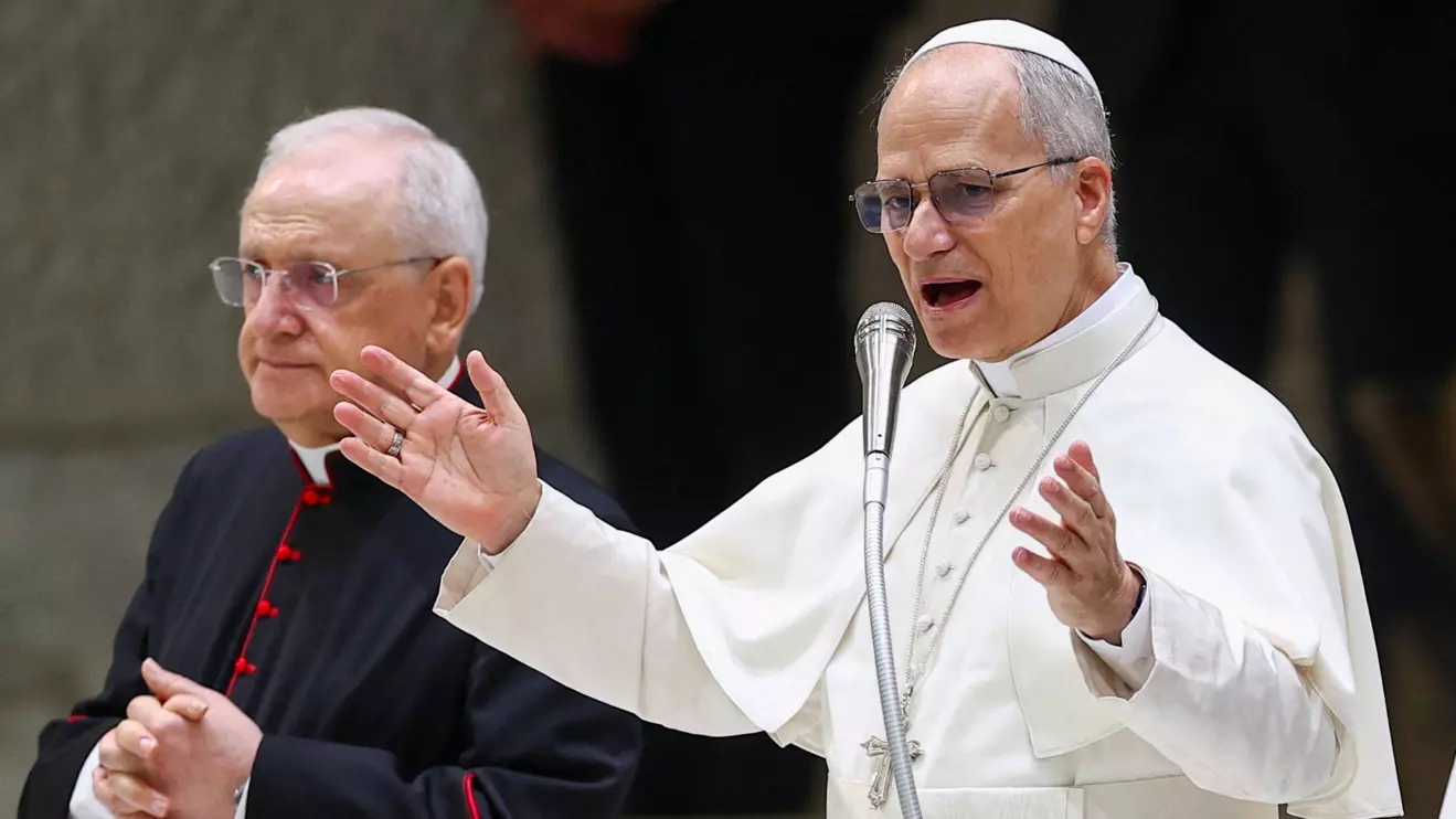 Pope Leo XIV delivers a speech during the weekly general audience in the Paul VI Hall at the Vatican, August 27, 2025. Reuters/Guglielmo Mangiapane