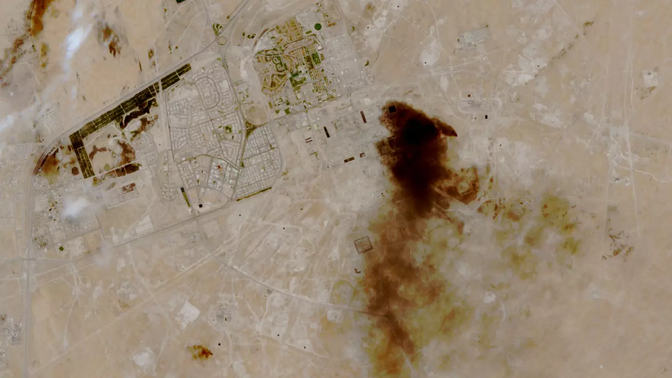 A satellite view of smoke billowing at a Saudi Aramco oil facility after a reported attack, following the announcement of a two-week ceasefire in the Iran war, in Abqaiq, Saudi Arabia, April 8, 2026. European Union/Copernicus Sentinel-2/Handout via Reuters