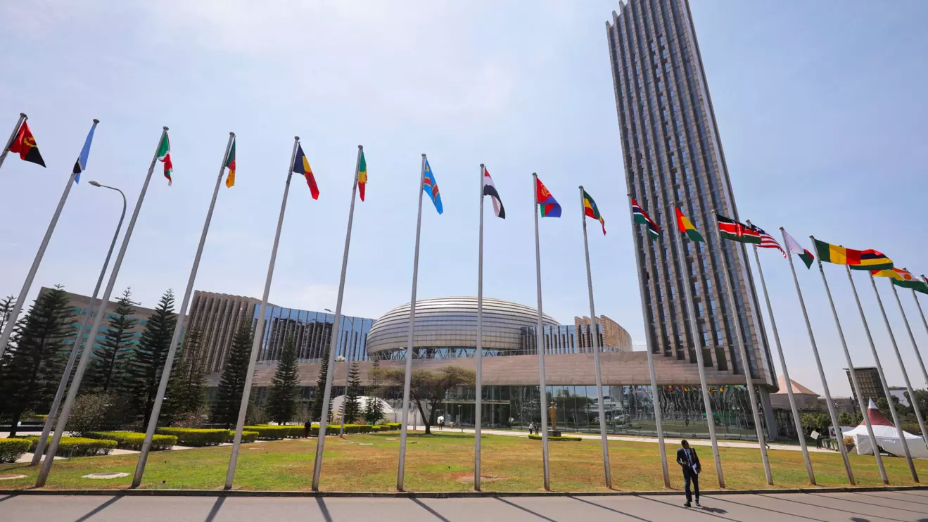 A delegate walks next to African Union (AU) member states flags, Reuters/ Tiksa Negeri