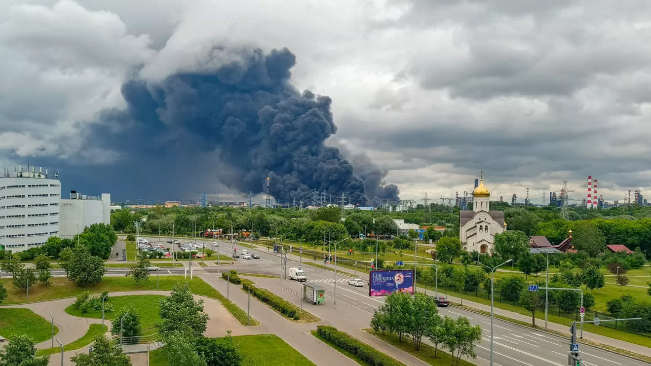 Smoke rises from an oil refinery following a Ukrainian drone attack in the course of Russia-Ukraine conflict, in Moscow, Russia, June 18, 2026, in this picture obtained from social media
