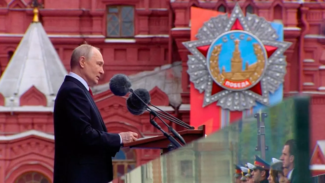 Russian President Vladimir Putin delivers a speech during a military parade on Victory Day, marking the 81st anniversary of the victory over Nazi Germany in World War Two, in Red Square in central Moscow, Russia, May 9, 2026, in this still image taken from video. Kremlin.ru/Handout via Reuters