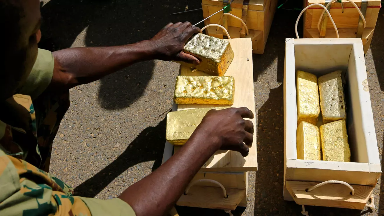 Sudanese Rapid Support Forces (RSF) display gold bars seized from a plane that landed at Khartoum Airport in an investigation into possible smuggling, in Khartoum Sudan May 9, 2019. Reuters/Mohamed Nureldin Abdallah