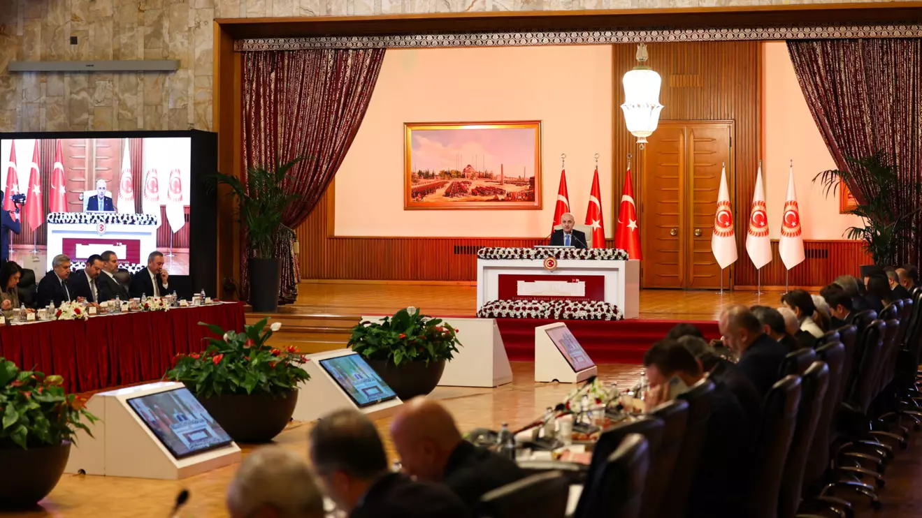 Turkey’s Parliament Speaker Numan Kurtulmus chairs a parliamentary commission set to vote on a draft report aimed at facilitating the disarmament of the outlawed Kurdistan Workers Party (PKK), a step that could advance a peace process to end more than four decades of conflict, in Ankara, Turkey, February 18, 2026. Grand National Assembly of Turkey