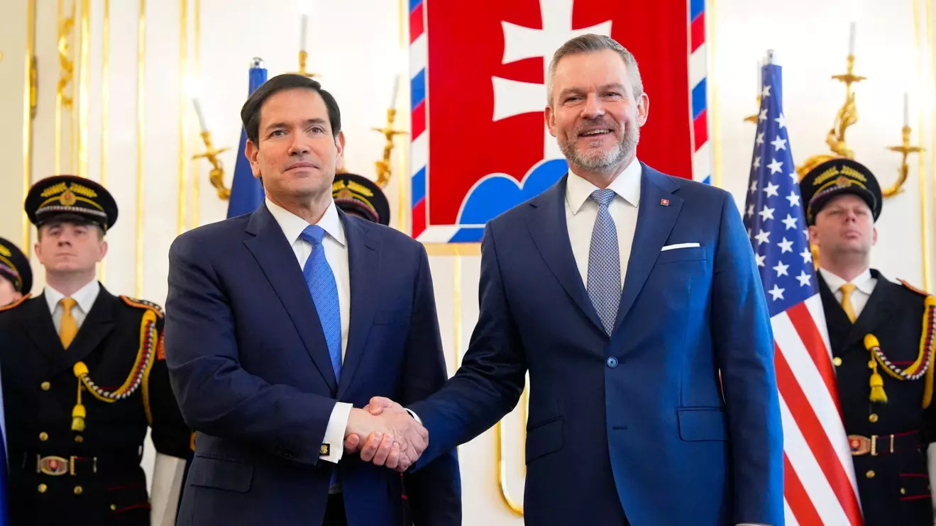 U.S. Secretary of State Marco Rubio shakes hands with Slovakia's President Peter Pellegrini at the Presidential Palace in Bratislava, Slovakia, Sunday, Feb. 15, 2026. Alex Brandon/Pool via Reuters